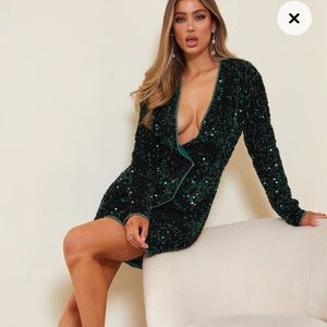 Green sequin velvet blazer dress